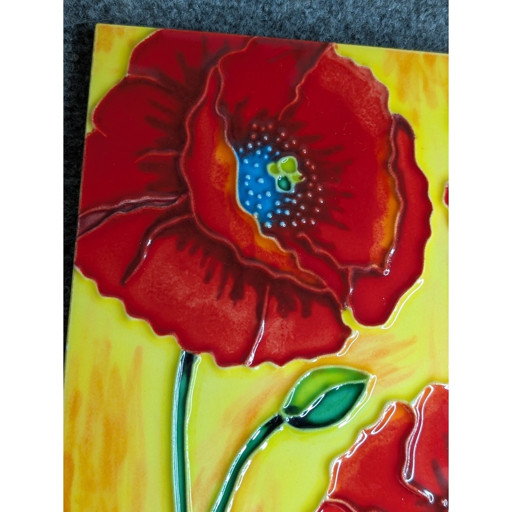 Vintage Ceramic Art Tile Poppies Hand Painted With Stand Vibrant Signed By PING - Picture 3 of 7